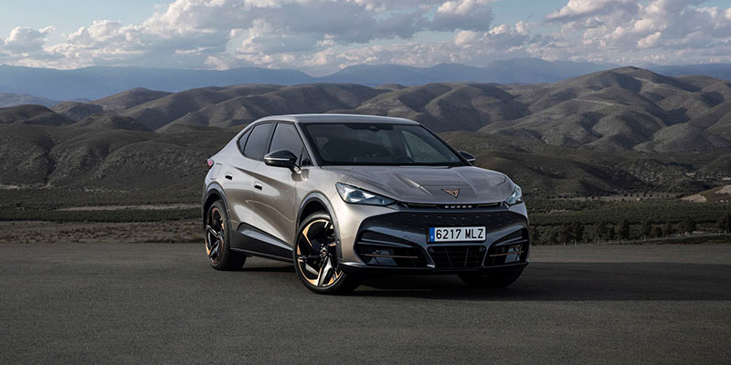 Silver CUPRA Tavascan Exterior Front in Mountain Range