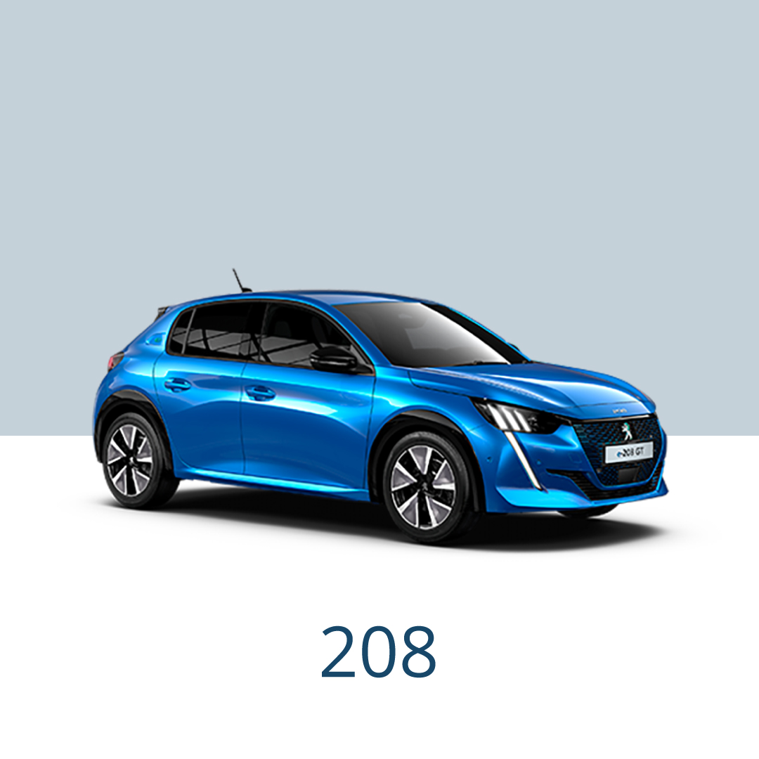 An image of a blue Peugeot 208