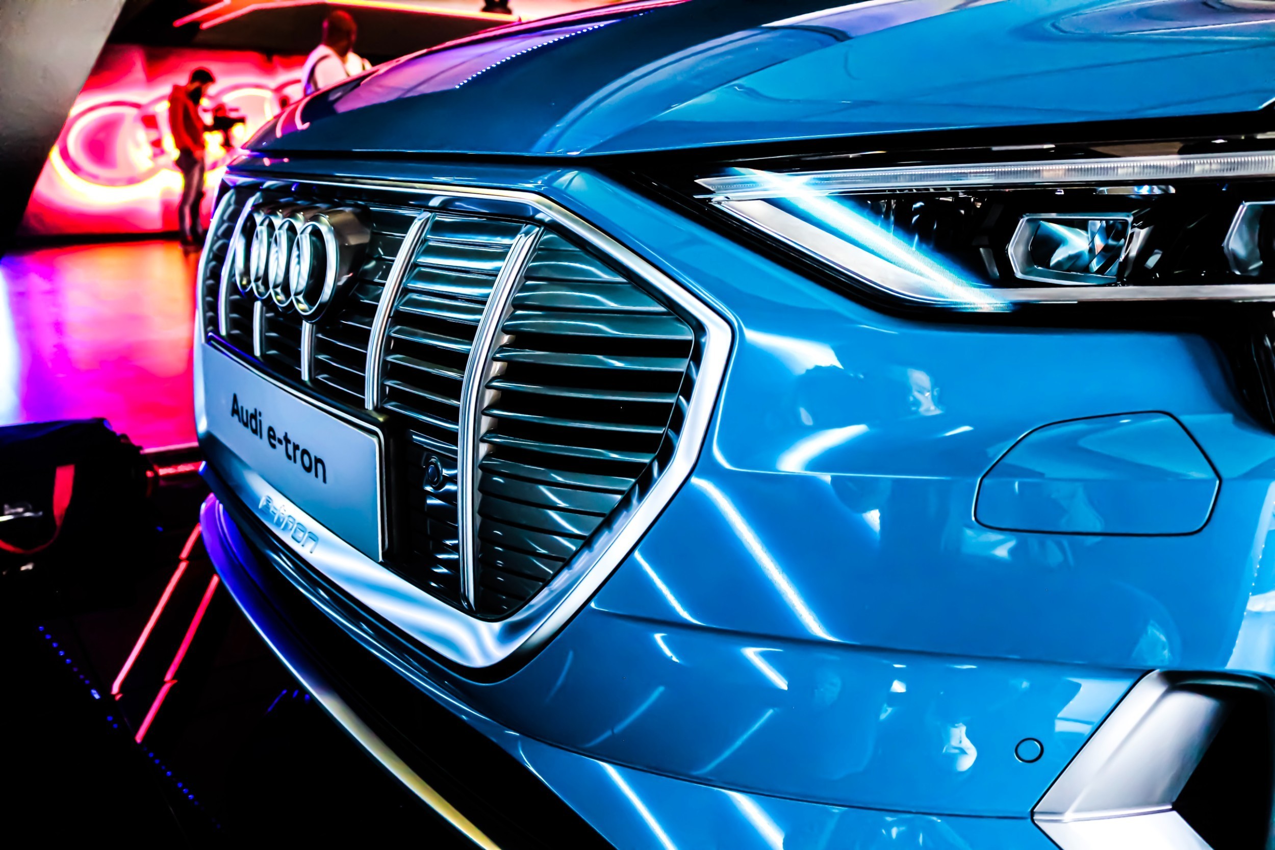 Blue Audi e-Tron Headlight Close-Up