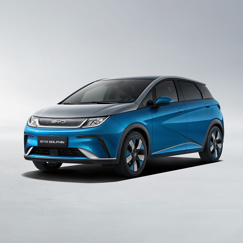 Exterior of a Blue BYD Dolphin in Studio